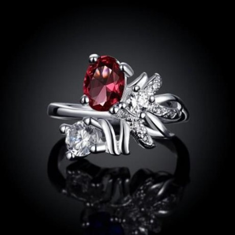 R080-B-8 925 SILVER PLATED FASHION RING FOR WOMEN JEWELRY ACCESSORIES NICKLE FREE (RED)