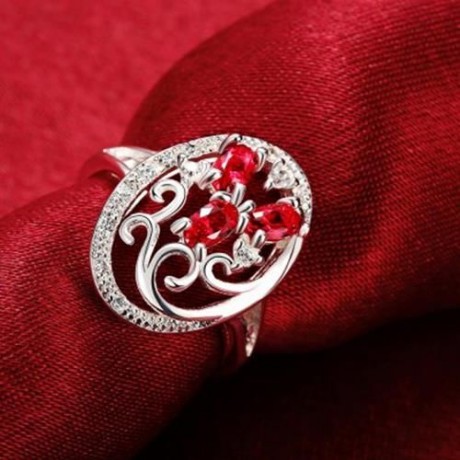 R093-B-8 925 SILVER PLATED FASHION RING FOR WOMEN JEWELRY ACCESSORIES NICKLE FREE (RED)