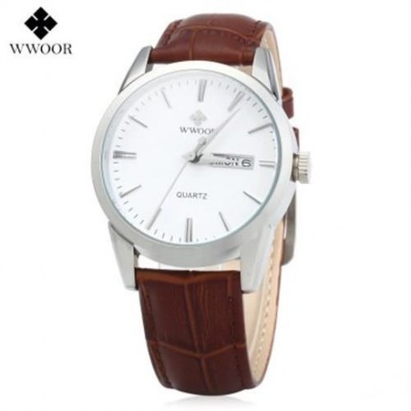 WWOOR 8801 MALE LEATHER BAND QUARTZ WATCH DATE WEEK DISPLAY (SILVER WHITE BROWN)