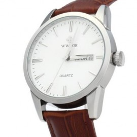 WWOOR 8801 MALE LEATHER BAND QUARTZ WATCH DATE WEEK DISPLAY (SILVER WHITE BROWN)
