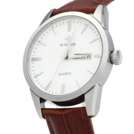WWOOR 8801 MALE LEATHER BAND QUARTZ WATCH DATE WEEK DISPLAY (SILVER WHITE BROWN)