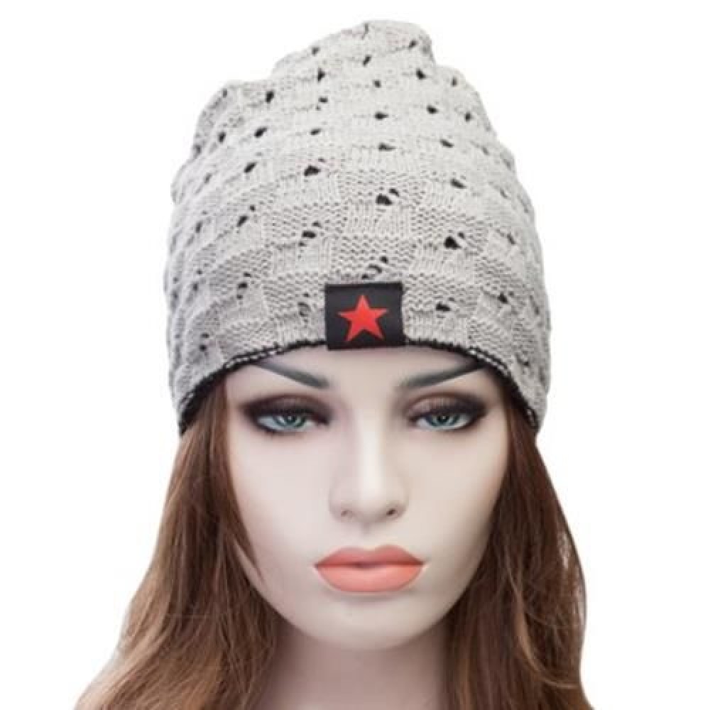 FASHIONABLE STAR DECORATED TWO-DOUBLE KNITED SKULLIES BEANIE HAT (GRAY)