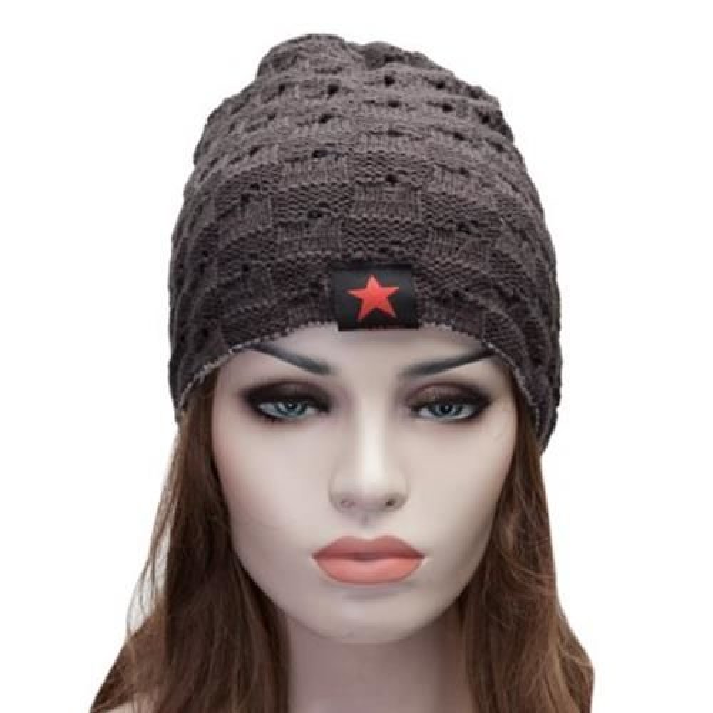 FASHIONABLE STAR DECORATED TWO-DOUBLE KNITED SKULLIES BEANIE HAT (DEEP GRAY)