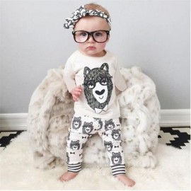 TRENDY ROUND NECK LONG SLEEVE COTTON ANIMAL PRINT BABY BOYS SUIT (WHITE)