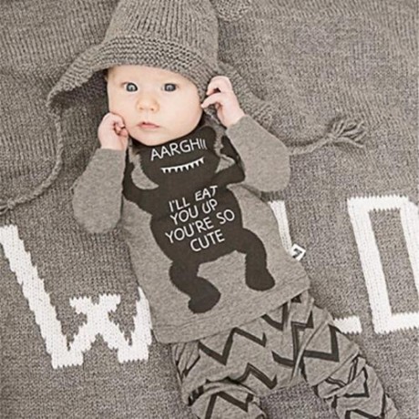 TRENDY ROUND NECK LONG SLEEVE COTTON ANIMAL PRINT BABY BOYS SUIT (GRAY)