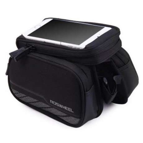 ROSWHEEL 5.5 INCH TOUCH SCREEN BICYCLE FRONT TUBE PHONE BAG HOLDER DOUBLE POUCH (BLACK)