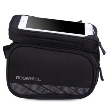 ROSWHEEL 5.5 INCH TOUCH SCREEN BICYCLE FRONT TUBE PHONE BAG HOLDER DOUBLE POUCH (BLACK)