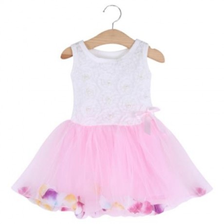 CUTE ROUND COLLAR SLEEVELESS COLORFUL PETALS BABY GIRLS GAUZE VEST DRESS (PINK)