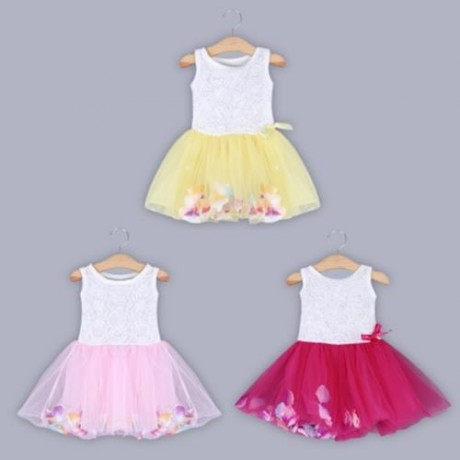 CUTE ROUND COLLAR SLEEVELESS COLORFUL PETALS BABY GIRLS GAUZE VEST DRESS (PINK)
