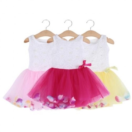CUTE ROUND COLLAR SLEEVELESS COLORFUL PETALS BABY GIRLS GAUZE VEST DRESS (PINK)