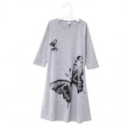 BOHEMIAN ROUND NECK LONG SLEEVE BIG BUTTERFLY PRINT LOOSE GIRLS LONG DRESS (GRAY)