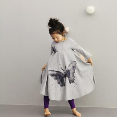 BOHEMIAN ROUND NECK LONG SLEEVE BIG BUTTERFLY PRINT LOOSE GIRLS LONG DRESS (GRAY)