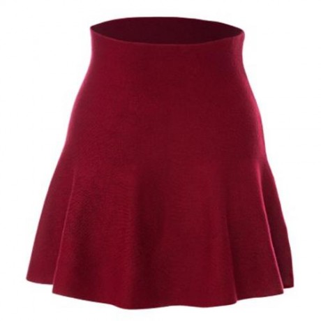 CHIC PURE COLOR HIGH WAIST WOOLEN KNITED PLEATED GIRLS SKIRT (WINE RED)