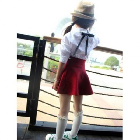 CHIC PURE COLOR HIGH WAIST WOOLEN KNITED PLEATED GIRLS SKIRT (WINE RED)