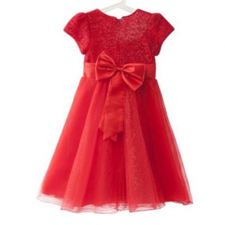 SWEET ROUND COLLAR SHORT SLEEVE BIG BOWKNOT GAUZE SEQUINS GIRLS PRINCESS DRESS (RED)
