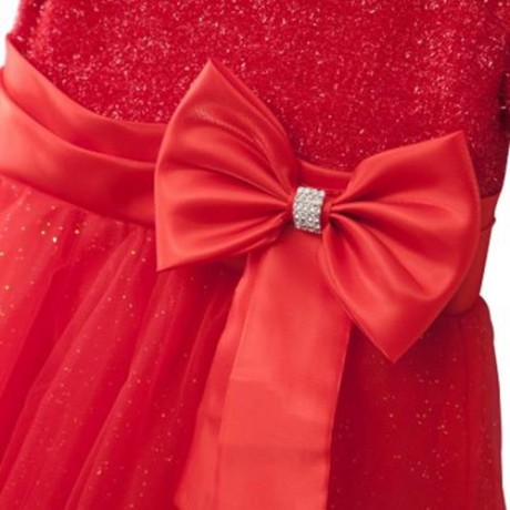SWEET ROUND COLLAR SHORT SLEEVE BIG BOWKNOT GAUZE SEQUINS GIRLS PRINCESS DRESS (RED)