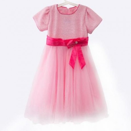 SWEET ROUND COLLAR SHORT SLEEVE BIG BOWKNOT GAUZE SEQUINS GIRLS PRINCESS DRESS (PINK)