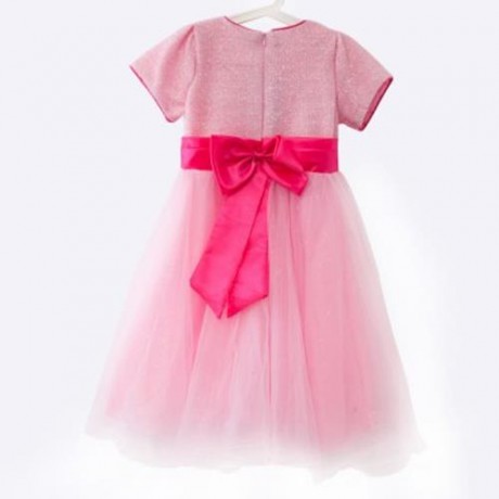 SWEET ROUND COLLAR SHORT SLEEVE BIG BOWKNOT GAUZE SEQUINS GIRLS PRINCESS DRESS (PINK)