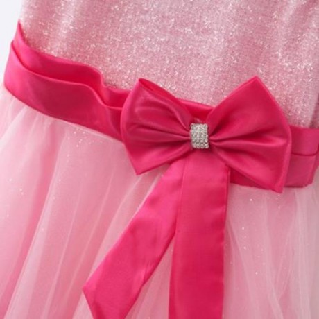 SWEET ROUND COLLAR SHORT SLEEVE BIG BOWKNOT GAUZE SEQUINS GIRLS PRINCESS DRESS (PINK)
