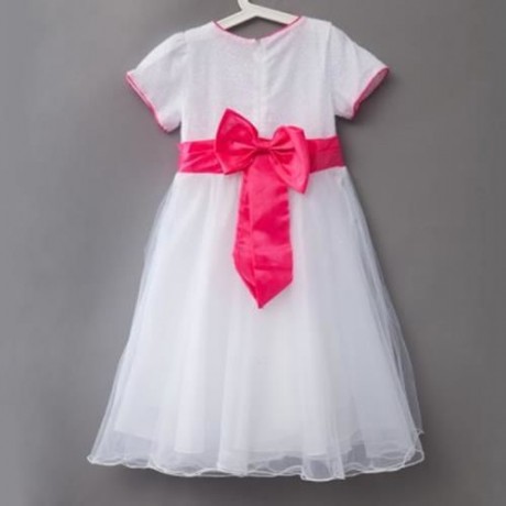 SWEET ROUND COLLAR SHORT SLEEVE BIG BOWKNOT GAUZE SEQUINS GIRLS PRINCESS DRESS (WHITE)