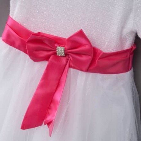 SWEET ROUND COLLAR SHORT SLEEVE BIG BOWKNOT GAUZE SEQUINS GIRLS PRINCESS DRESS (WHITE)