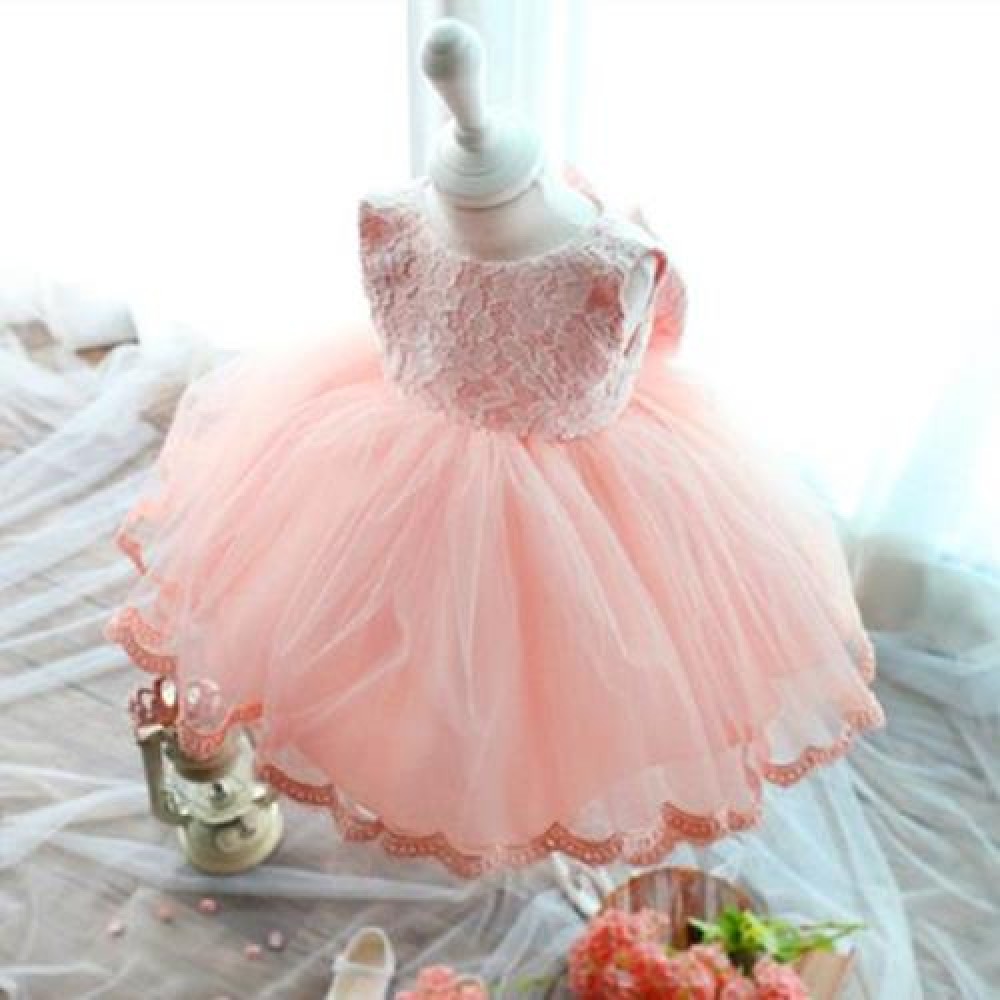 STYLISH JEWEL COLLAR SLEEVELESS SOLID COLOR BIG BOWKNOT GAUZE GIRLS PRINCESS DRESS (PINK)
