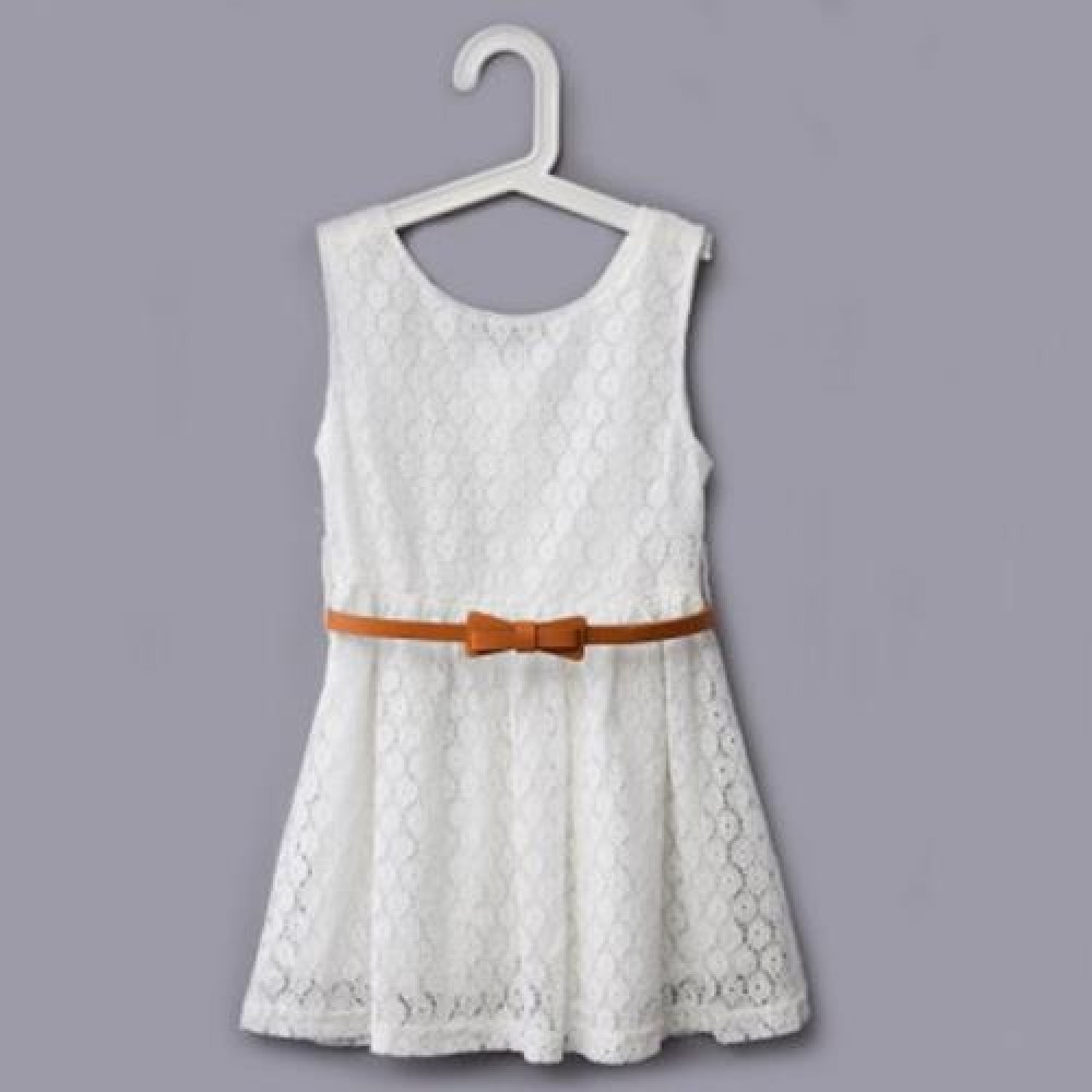 SWEET SOLID COLOR SCOOP NECK SLEEVELESS LACE HOLLOW GIRLS PRINCESS DRESS (WHITE)