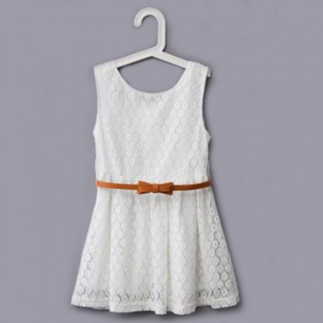 SWEET SOLID COLOR SCOOP NECK SLEEVELESS LACE HOLLOW GIRLS PRINCESS DRESS (WHITE)
