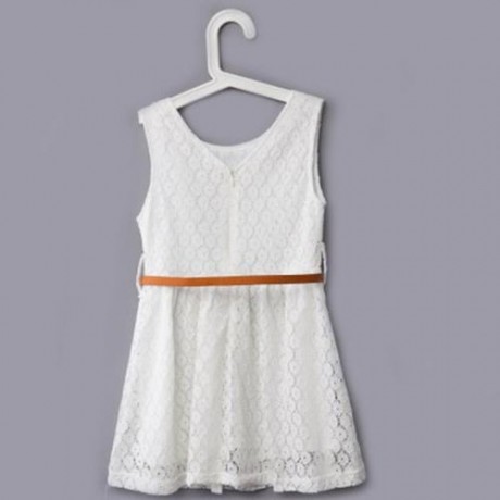 SWEET SOLID COLOR SCOOP NECK SLEEVELESS LACE HOLLOW GIRLS PRINCESS DRESS (WHITE)