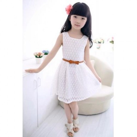 SWEET SOLID COLOR SCOOP NECK SLEEVELESS LACE HOLLOW GIRLS PRINCESS DRESS (WHITE)