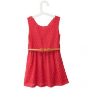 SWEET SOLID COLOR SCOOP NECK SLEEVELESS LACE HOLLOW GIRLS PRINCESS DRESS (RED)
