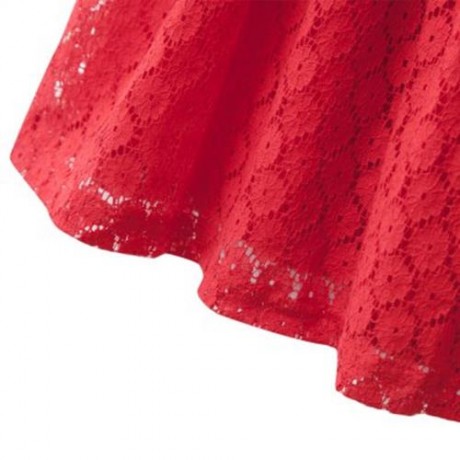 SWEET SOLID COLOR SCOOP NECK SLEEVELESS LACE HOLLOW GIRLS PRINCESS DRESS (RED)