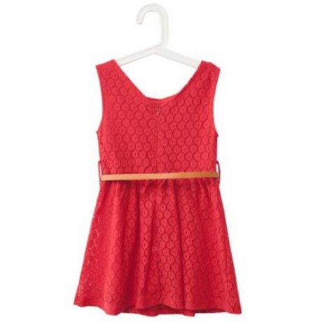 SWEET SOLID COLOR SCOOP NECK SLEEVELESS LACE HOLLOW GIRLS PRINCESS DRESS (RED)