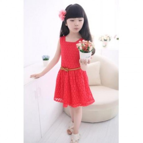 SWEET SOLID COLOR SCOOP NECK SLEEVELESS LACE HOLLOW GIRLS PRINCESS DRESS (RED)