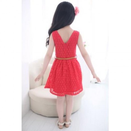 SWEET SOLID COLOR SCOOP NECK SLEEVELESS LACE HOLLOW GIRLS PRINCESS DRESS (RED)