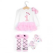 4PCS STYLISH JEWEL NECK LONG SLEEVE COTTON GAUZE BABY GIRLS ROMPER DRESS HEADBAND FOOT COV