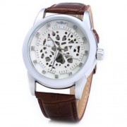 WINNER W045 MEN HOLLOW AUTOMATIC MECHANICAL WATCH WITH LEATHER BAND RHINESTONE SCALES (WHI