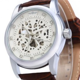 WINNER W045 MEN HOLLOW AUTOMATIC MECHANICAL WATCH WITH LEATHER BAND RHINESTONE SCALES (WHI