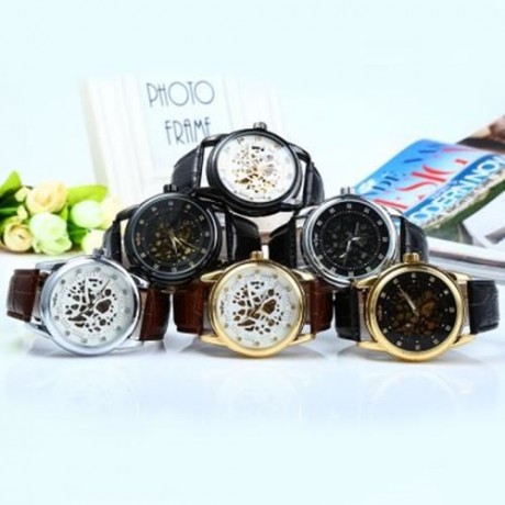 WINNER W045 MEN HOLLOW AUTOMATIC MECHANICAL WATCH WITH LEATHER BAND RHINESTONE SCALES (WHI