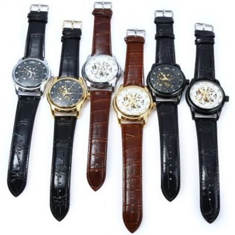 WINNER W045 MEN HOLLOW AUTOMATIC MECHANICAL WATCH WITH LEATHER BAND RHINESTONE SCALES (WHI
