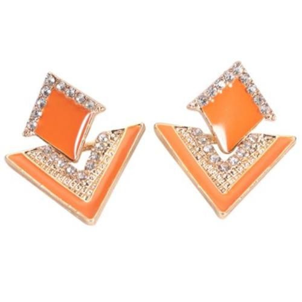 WOMEN RHINESTONE EMBELLISHED TRIANGLE RHOMBUS DESIGN EARRINGS (ORANGE)