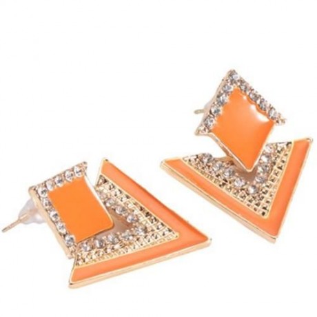 WOMEN RHINESTONE EMBELLISHED TRIANGLE RHOMBUS DESIGN EARRINGS (ORANGE)