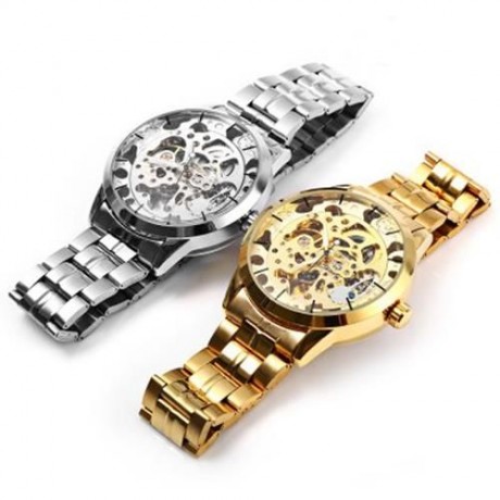 WINNER W034 AUTOMATIC MECHANICAL MOVEMENT HOLLOW OUT MEN WATCH WITH STAINLESS STEEL BAND (