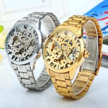 WINNER W034 AUTOMATIC MECHANICAL MOVEMENT HOLLOW OUT MEN WATCH WITH STAINLESS STEEL BAND (