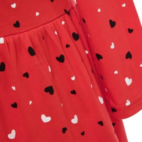 SWEET ROUND NECK LONG SLEEVE HEART PRINT COTTON GIRLS DRESS (ORANGE RED)