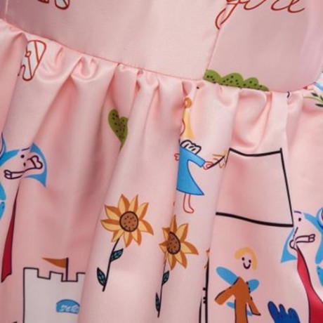 TRENDY ROUND NECK SHORT SLEEVE SCRAWL PRINT GIRLS PRINCESS DRESS (SHALLOW PINK)