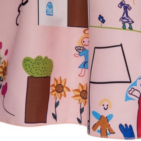 TRENDY ROUND NECK SHORT SLEEVE SCRAWL PRINT GIRLS PRINCESS DRESS (SHALLOW PINK)