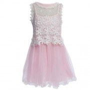 TRENDY SCOOP NECK SLEEVELESS LACE HOLLOW FLOWER GAUZE GIRLS DRESS (PINK)
