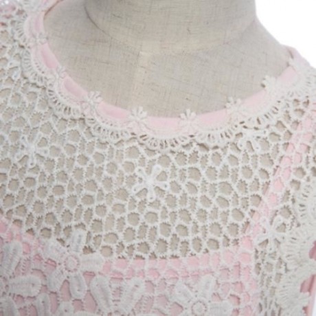 TRENDY SCOOP NECK SLEEVELESS LACE HOLLOW FLOWER GAUZE GIRLS DRESS (PINK)