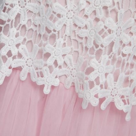 TRENDY SCOOP NECK SLEEVELESS LACE HOLLOW FLOWER GAUZE GIRLS DRESS (PINK)